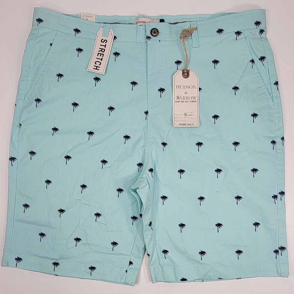 NEW Hudson & Barrow Shorts Mens 38 Aqua Blue Palm Tree Twill Chino Stretch NWT